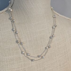 Long Silver Beaded Station Necklace